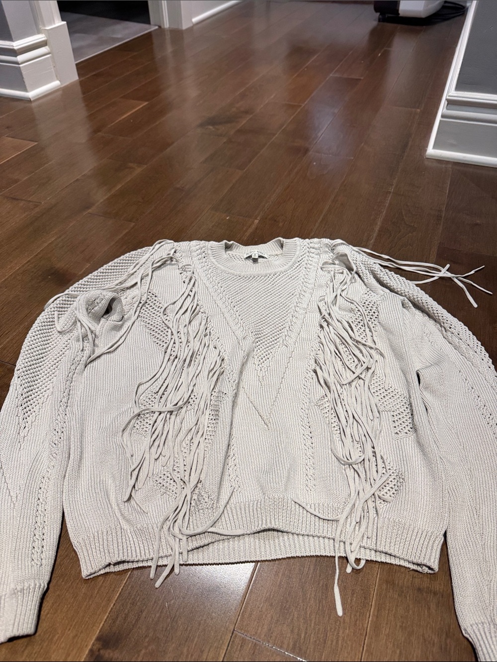 Ronny Kobo Collection Cream Fringed Crewneck Sweater